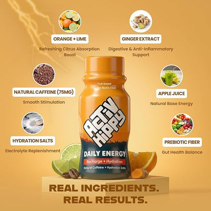 ActivHippy Daily Energy Drink Shots | With 75 mg Natural Caffeine | No Added Sugar | Ginger Lemon Flavour|